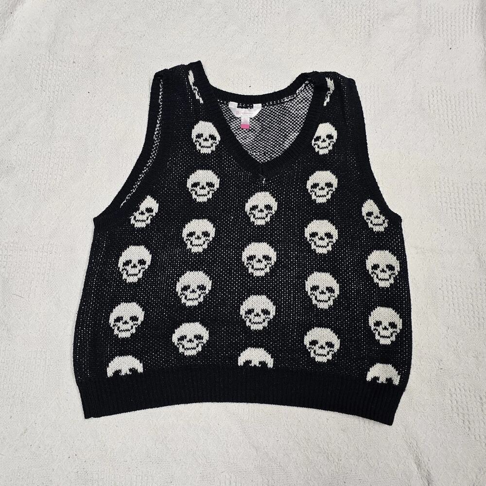 No Boundaries Juniors XL Black White Skull Knit Sweater Vest V-Neck Sleeveless
